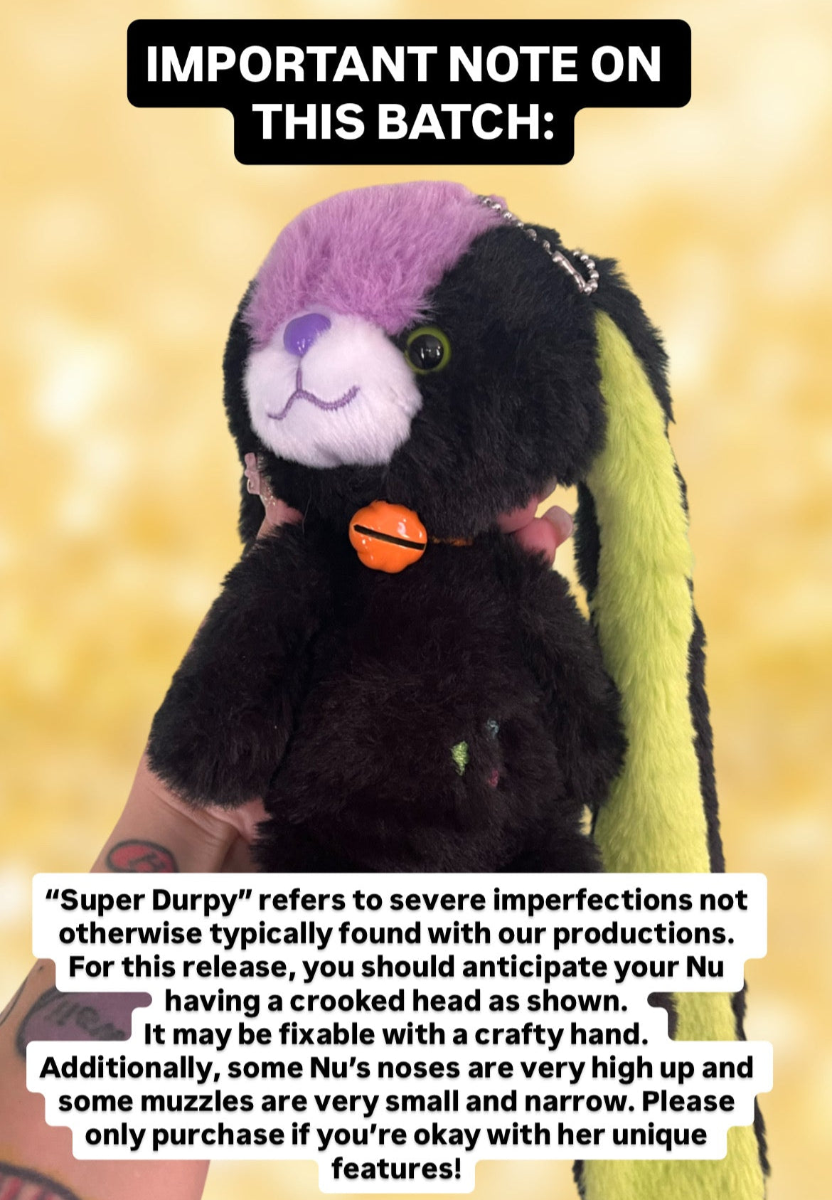 Bunny plush toy with text about product imperfections on a yellow background