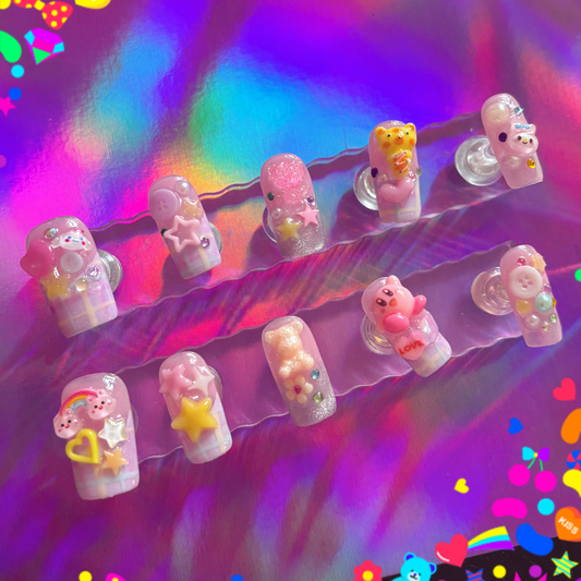 Kawaii Gingham Pastel Kei Chunky OOAK Press On Nails