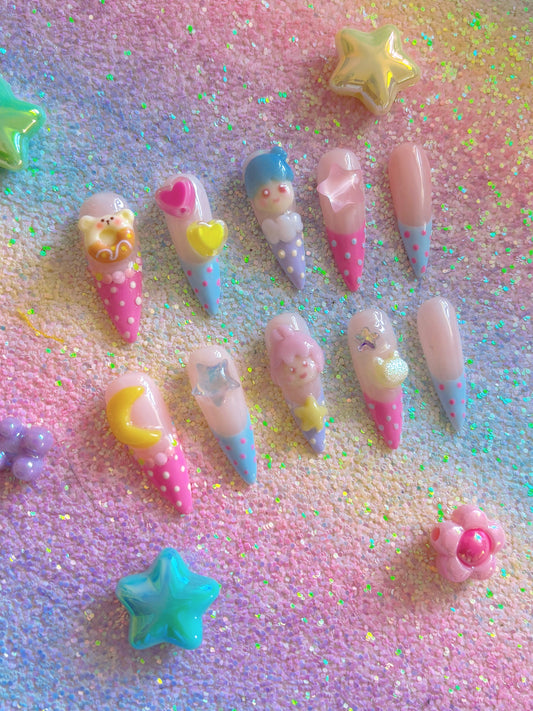 Twin Stars Kawaii XL Stiletto Press On Nails - Ready To Ship!