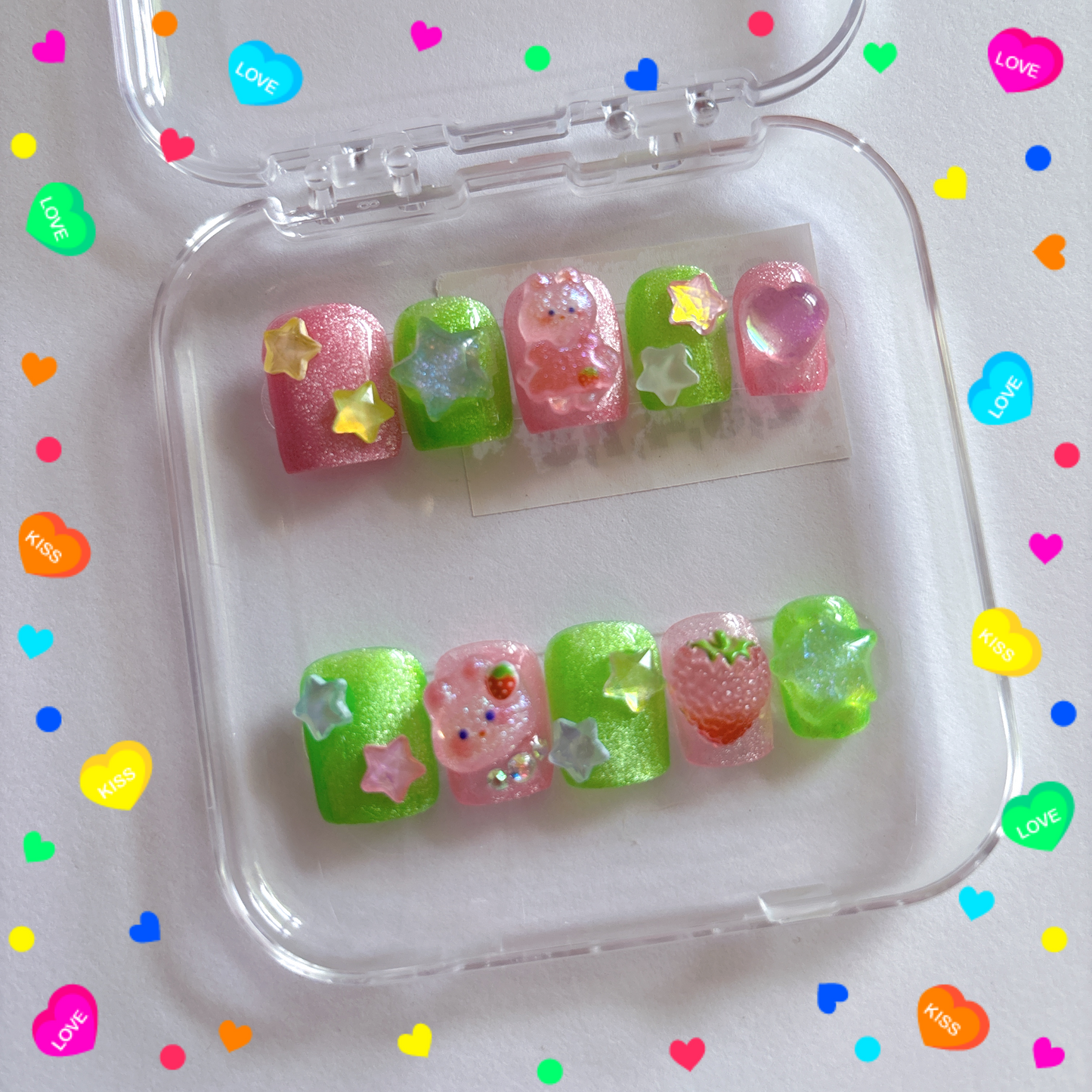 Kawaii Summer Strawberry Melon OOAK Press On Nails - Ready To Ship!