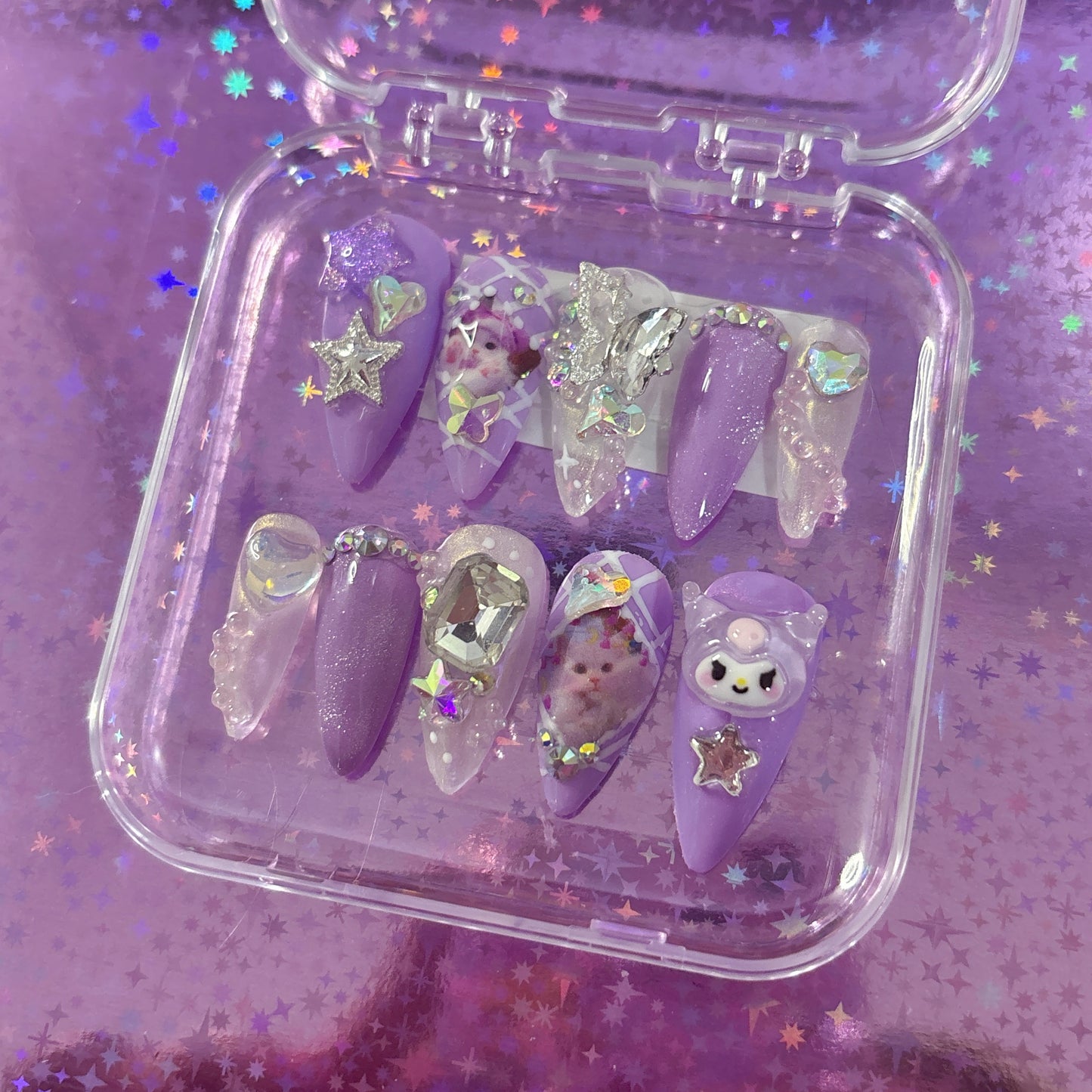 Lilac Glam Kitty OOAK Press On Nails