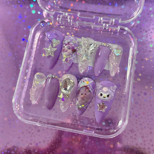 Lilac Glam Kitty OOAK Press On Nails