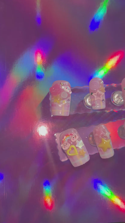 Kawaii Gingham Pastel Kei Chunky Handmade Press On Nails