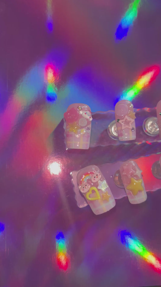 Kawaii Gingham Pastel Kei Chunky OOAK Press On Nails
